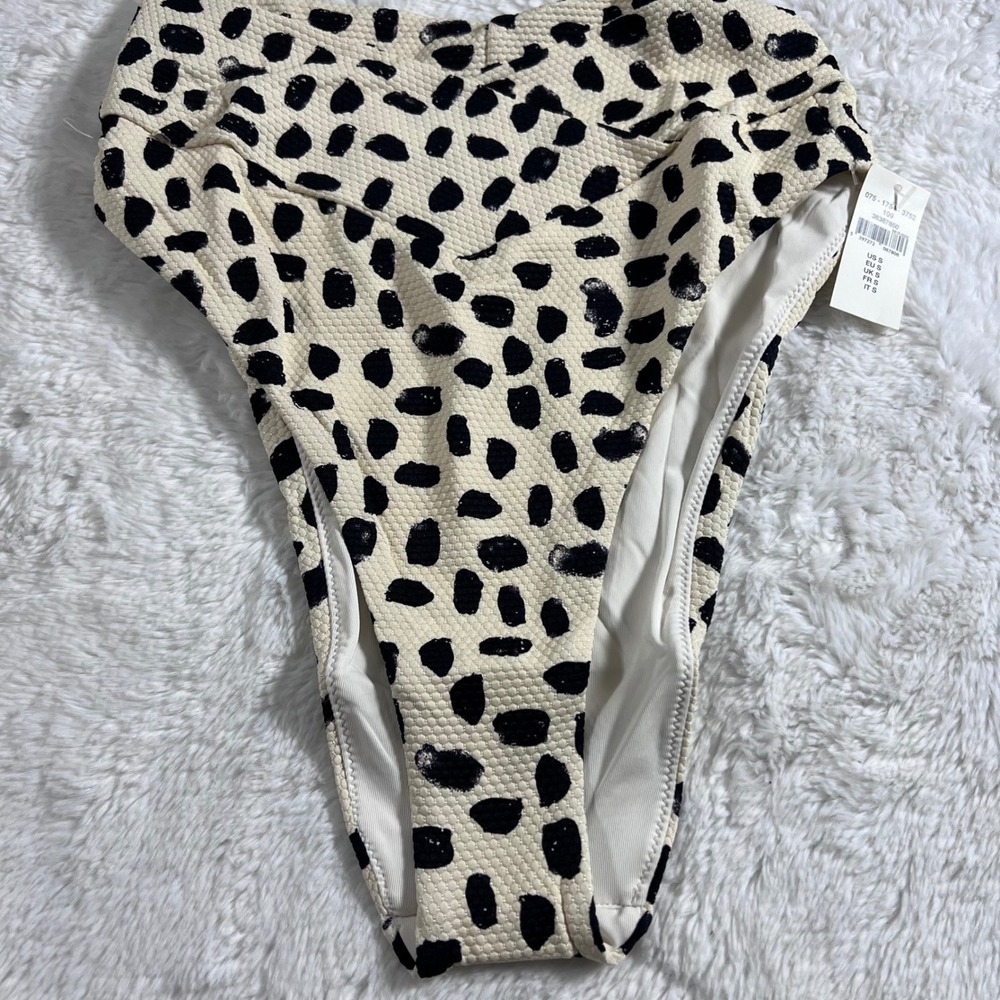 Aerie High Cut Cheeky Bikini Bottom Small Cream Black Dalmatian Print NWT